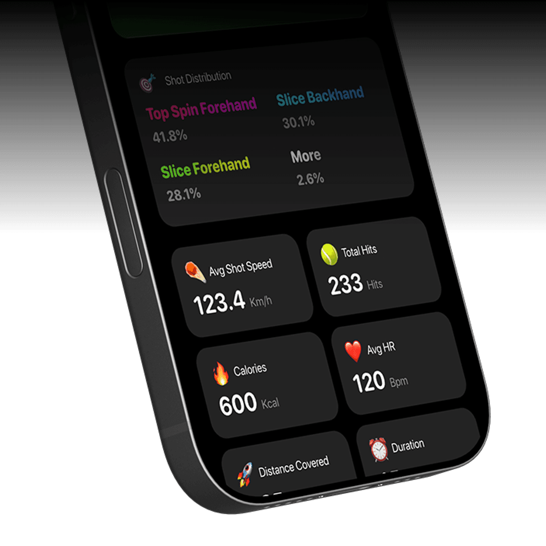 Tilted iPhone showing TennisPal performance summary