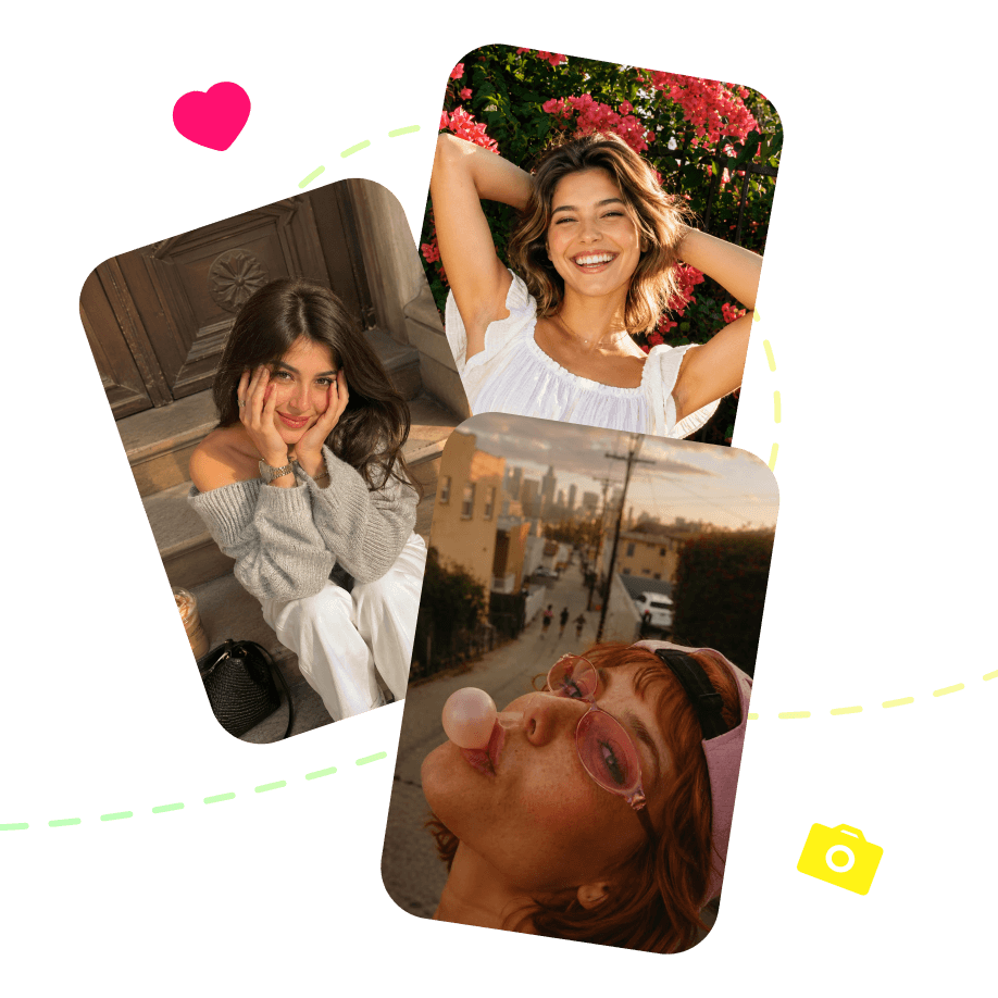 Three portrait photos with colorful hearts, a camera, and a dotted path